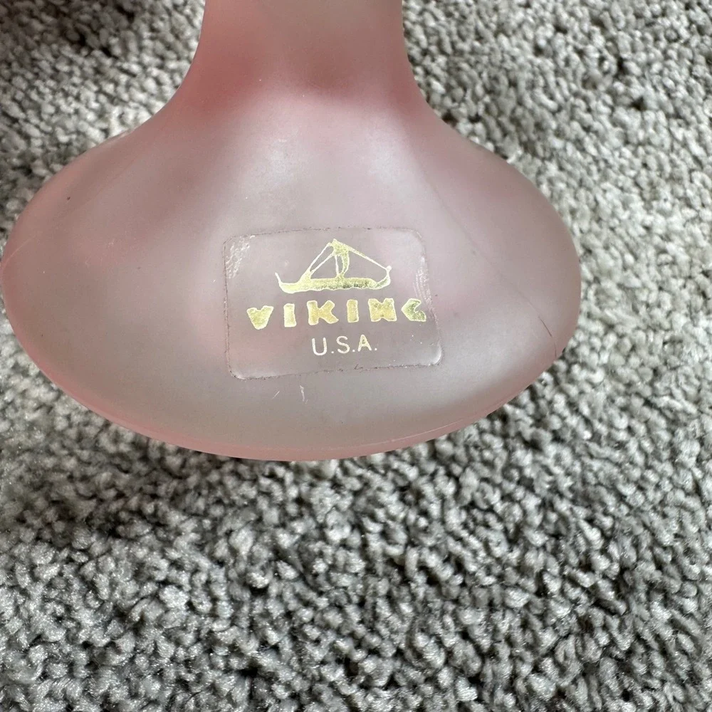 Viking Glass Ruffled Pedestal Bowl Pink Frosted Satin Floral Handkerchief Vase